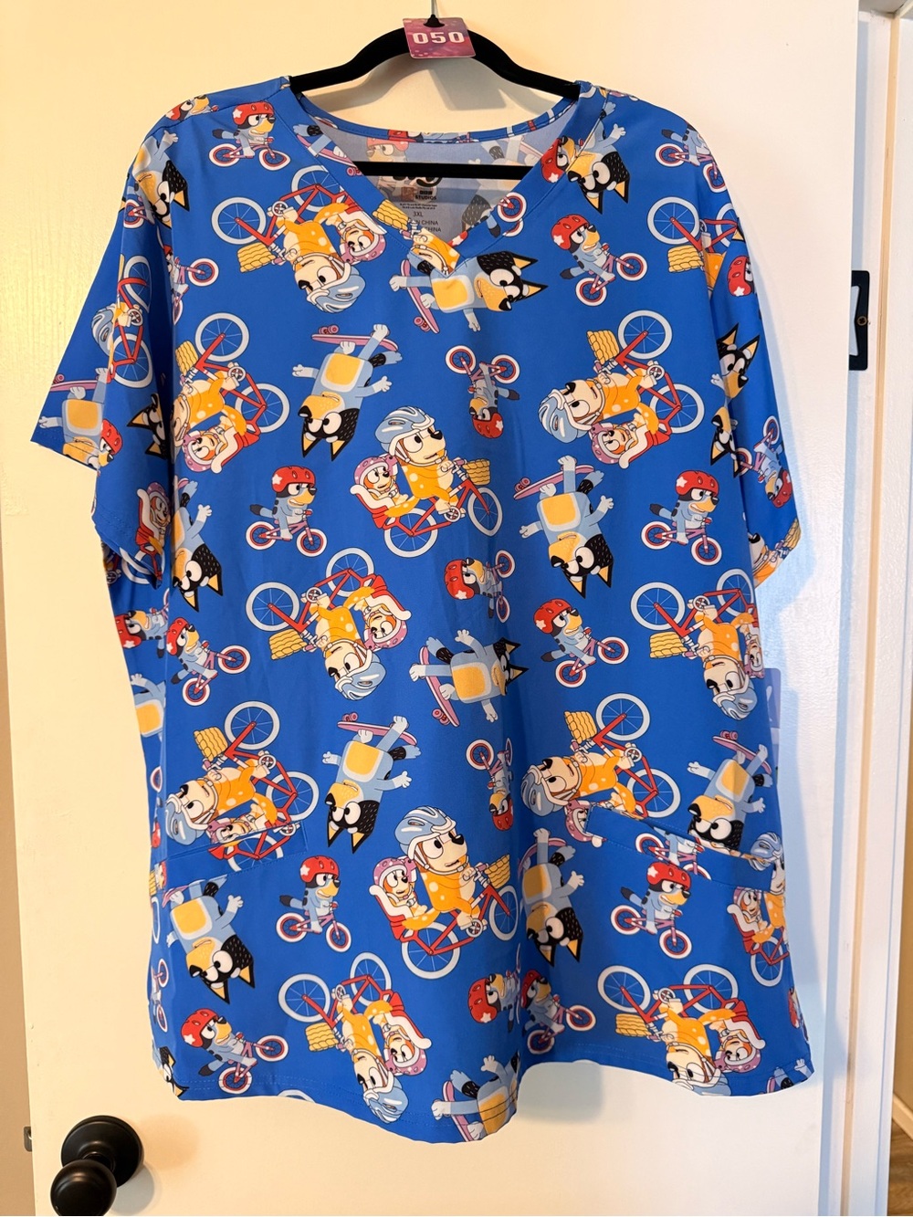 Blue Cartoon Bike Print Medical Scrub Top